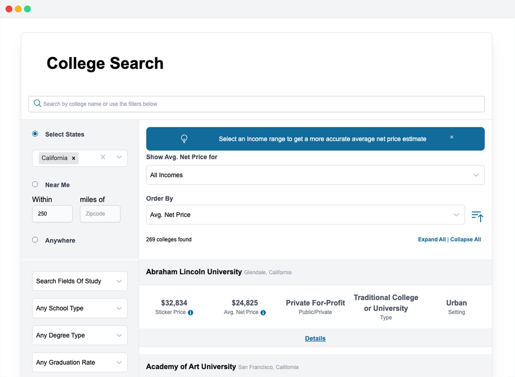 College Match & Search Engine Interface