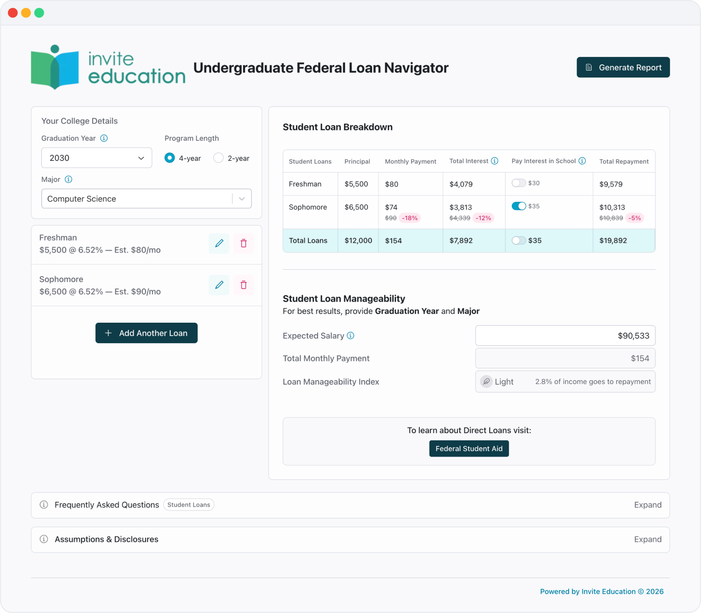 Undergraduate Federal Loan Navigator Interface