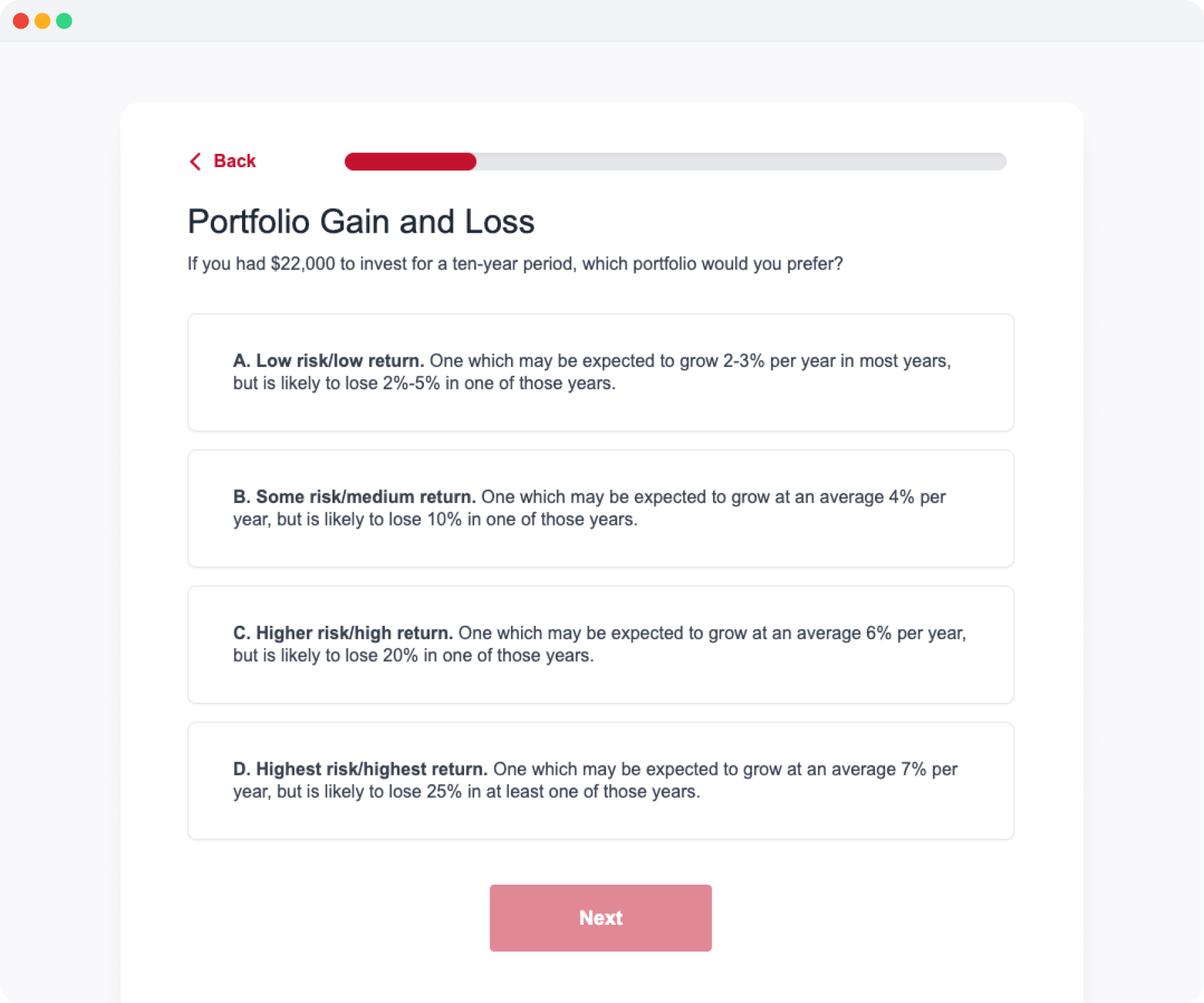 Risk Assessment Quiz Interface