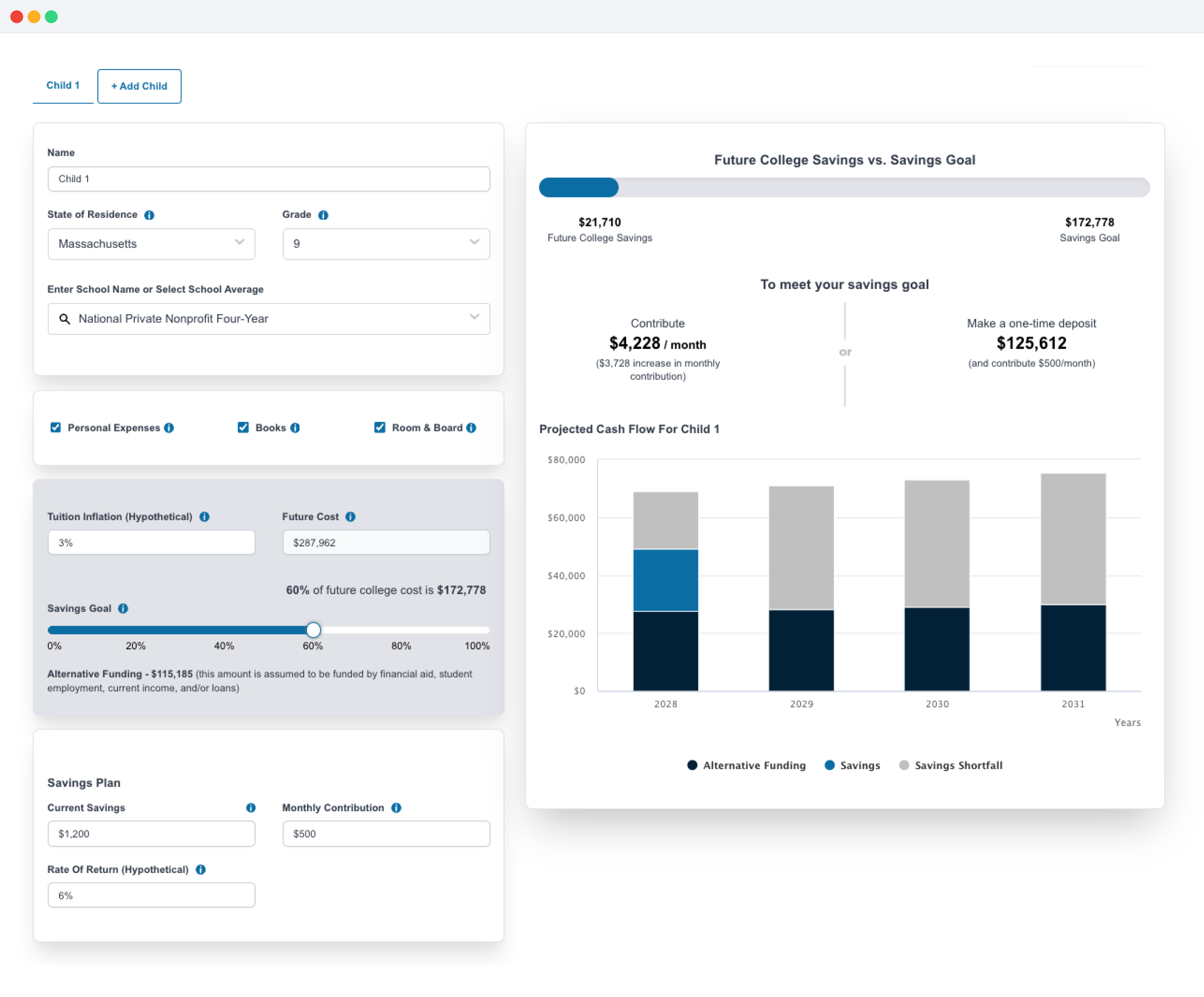 College Savings Estimator Interface